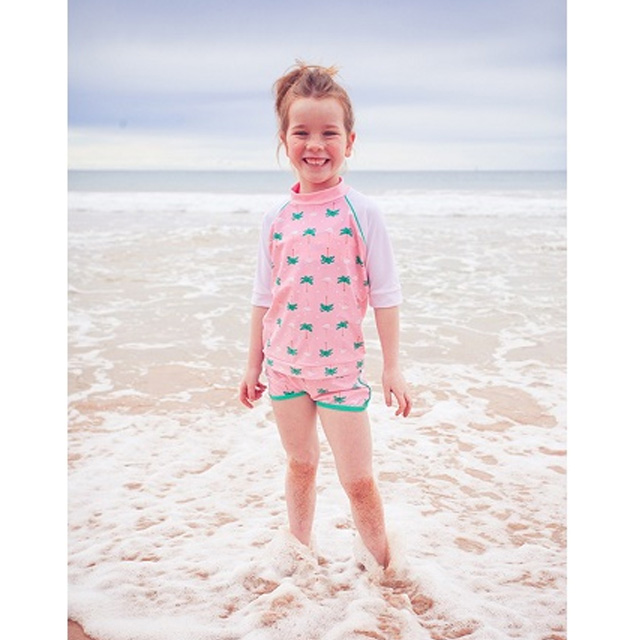 澳洲鴨嘴獸兒童泳衣 防曬短袖+萊卡短褲 套組 粉紅佛朗明哥系列 (小女4-8歲)
