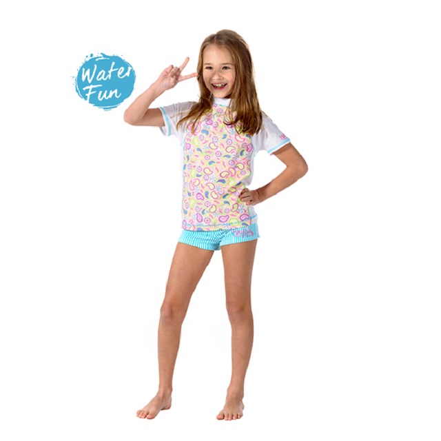 澳洲鴨嘴獸兒童泳衣 防曬短袖+ 平口短褲 小女4-8歲 渦旋紋花