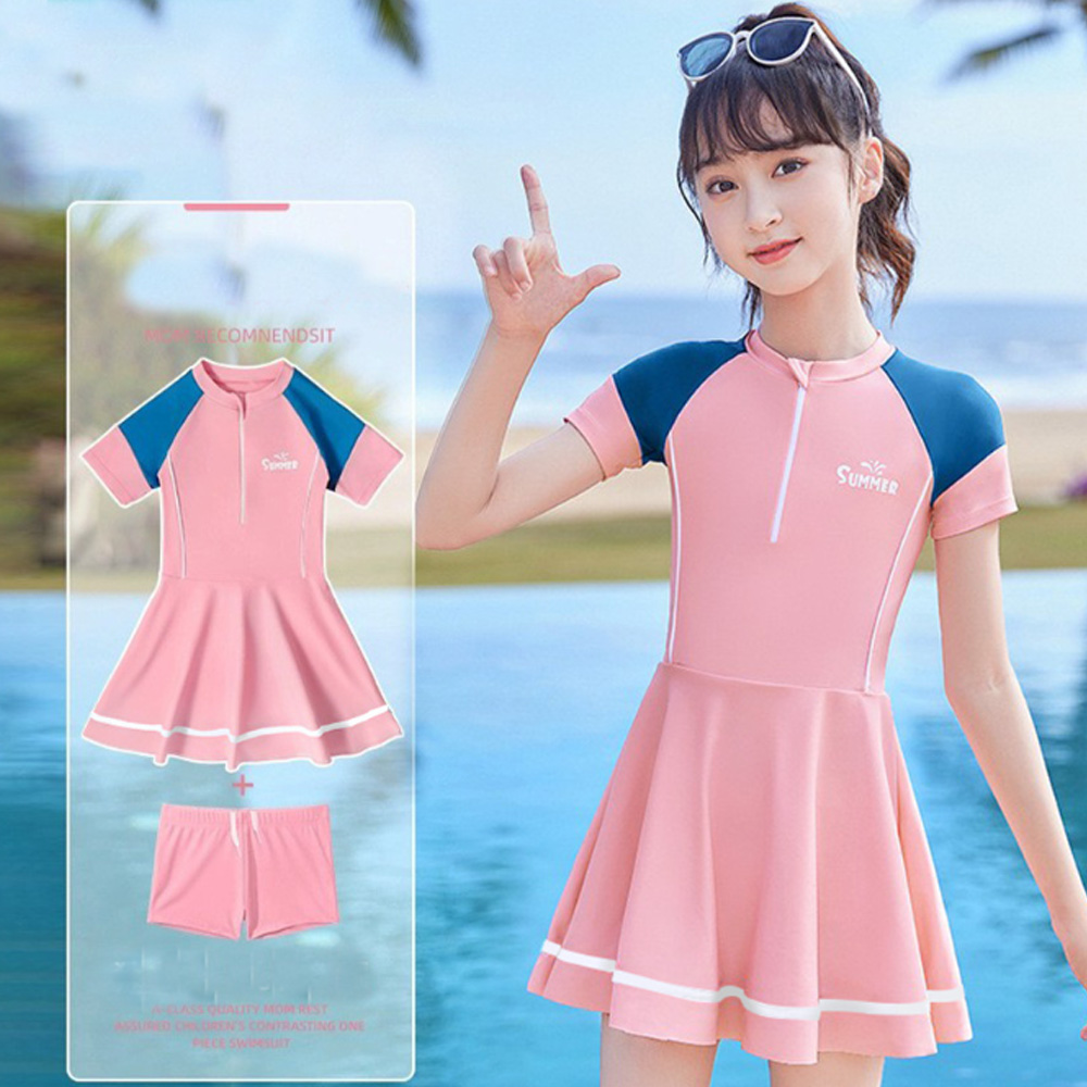 比基尼妮.艾沃拉鍊二件式裙短袖大童兒童泳衣(L-5L)