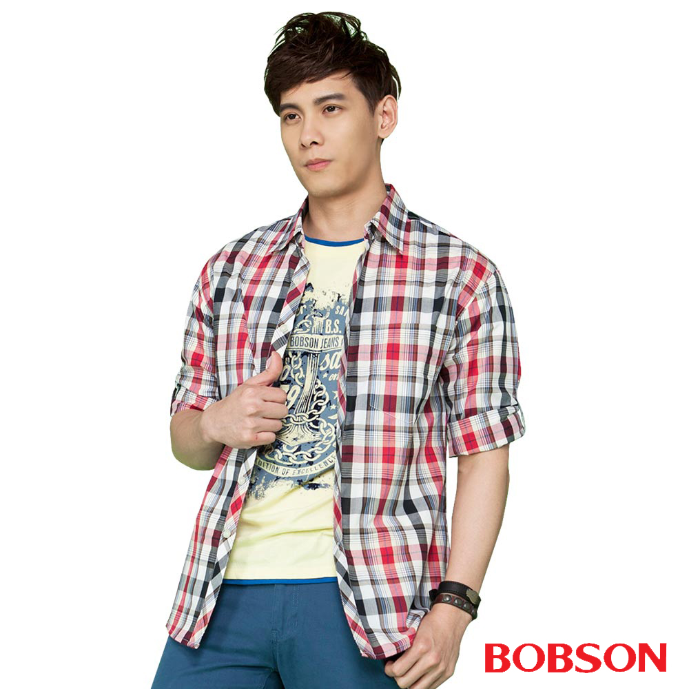 BOBSON 男款七分袖格紋襯衫(24004-13)