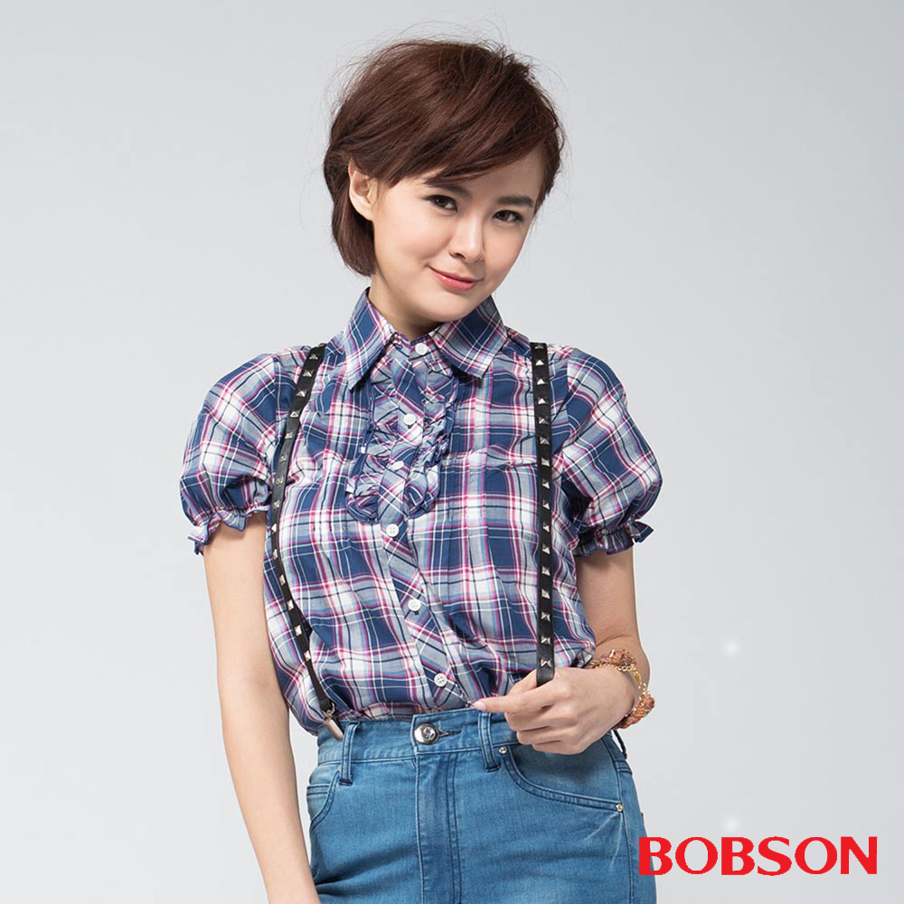 BOBSON 女款前襟荷葉短袖襯衫(24135-53)