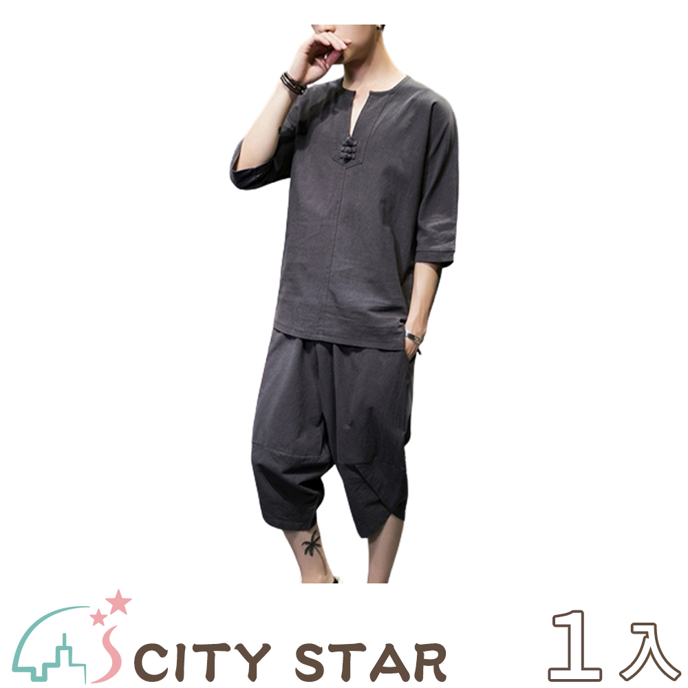 【CITY STAR】古風棉麻男款休閒套裝(短袖+七分褲)