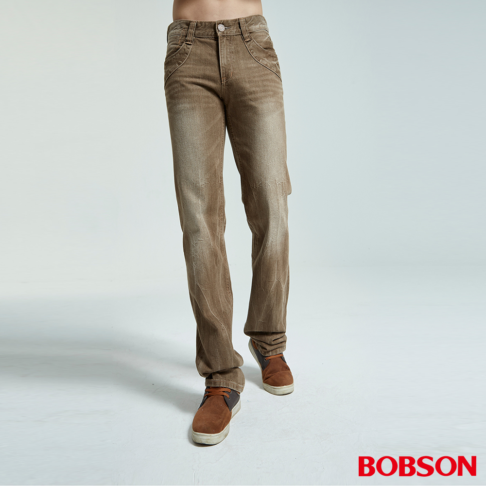 【BOBSON】男款洗刷紋半舊直筒褲(棕1784-75)