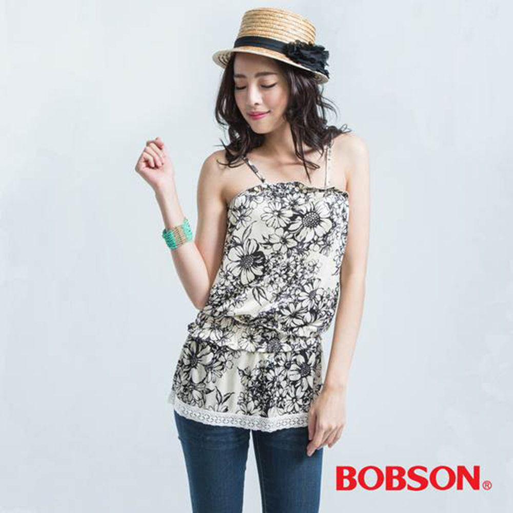 【BOBSON】女款短袖活動吊帶印花布上衣(21081-88)
