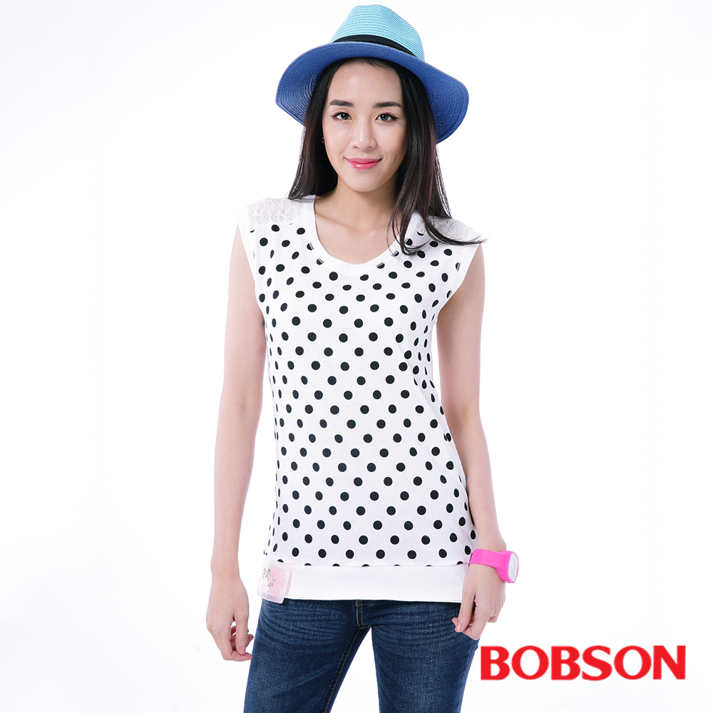 【BOBSON】女款短袖印點點.配蕾絲上衣(26074-80)