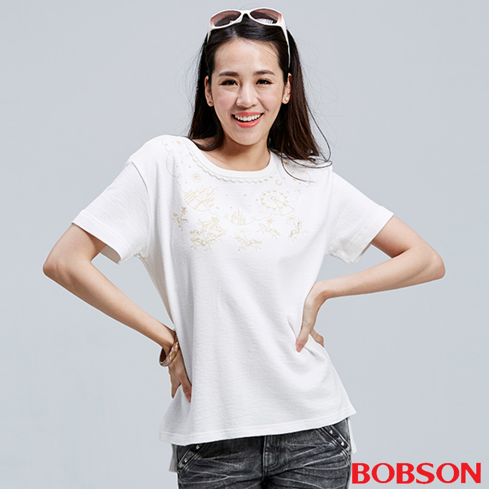 【BOBSON】女款短袖刺繡上衣(26082-81)