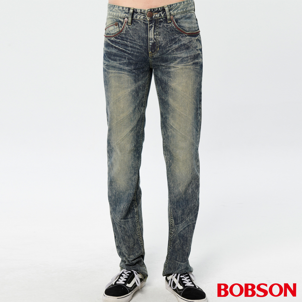 【BOBSON】男款刷白立體壓褶直筒褲(1748-52)
