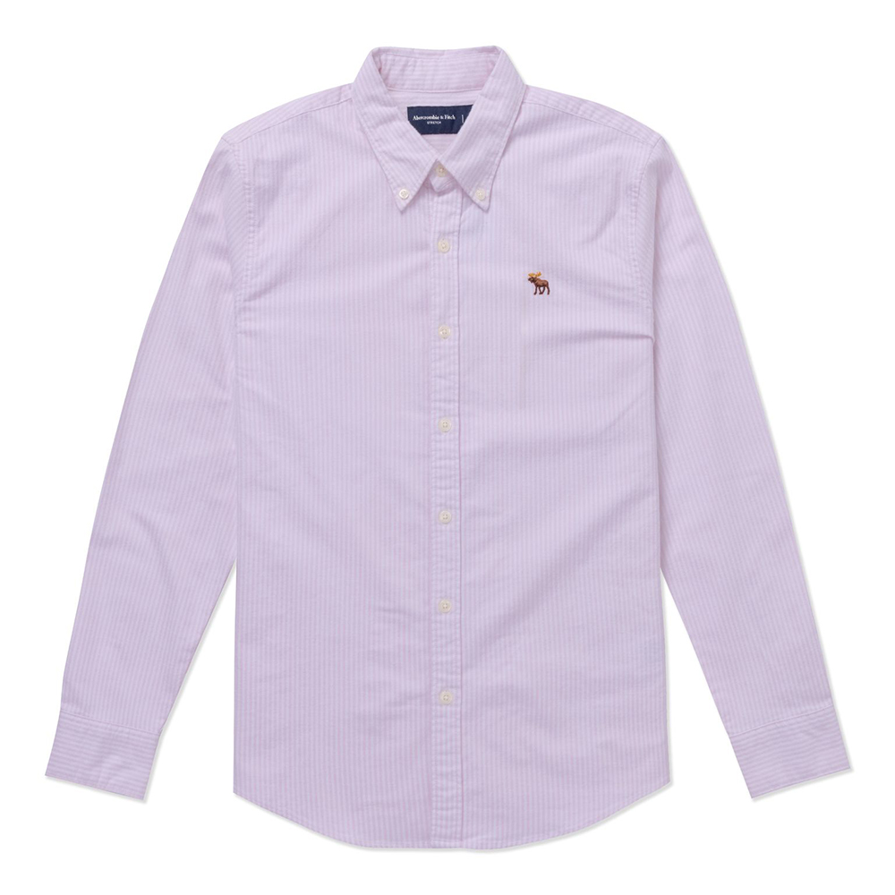 AF 麋鹿 A&F 經典刺繡麋鹿長袖襯衫-粉白直條紋色