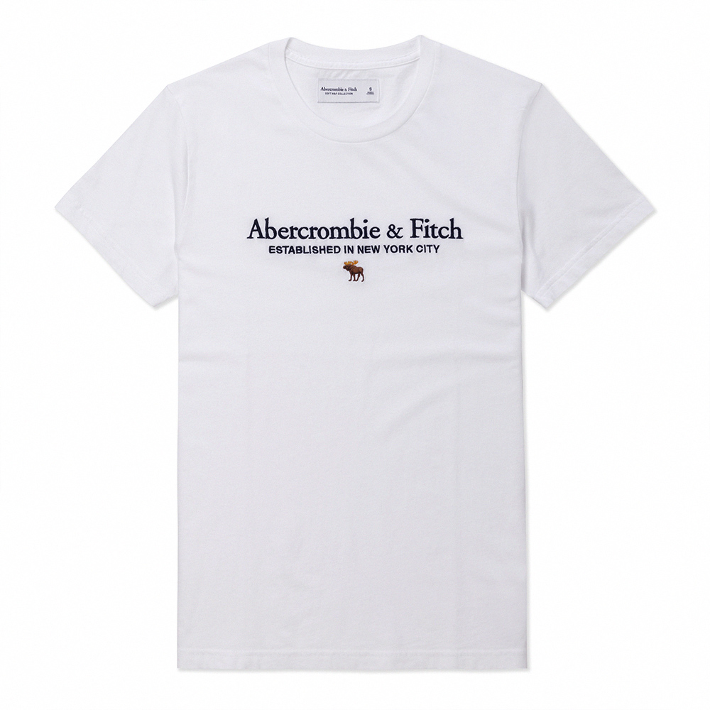A&F 麋鹿 AF 熱銷刺繡文字彩麋鹿圖案短袖T恤-白色