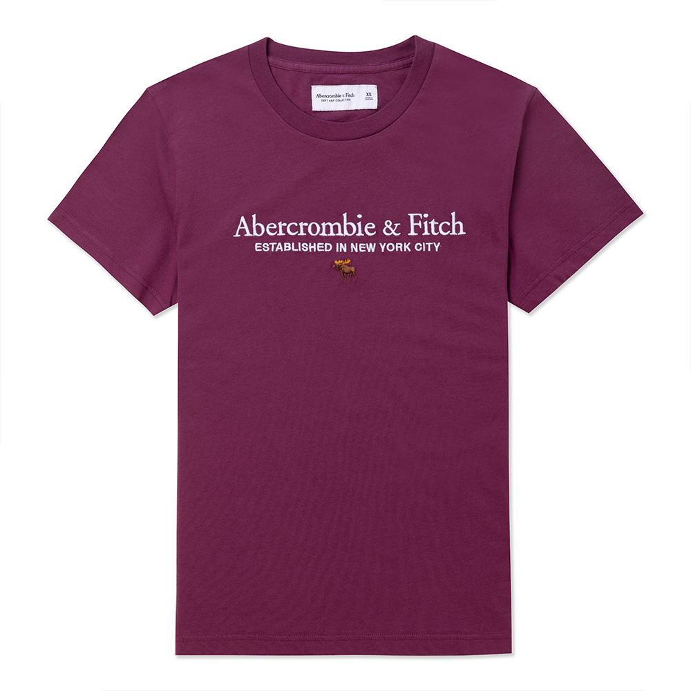 A&F 麋鹿 AF 熱銷刺繡文字彩麋鹿圖案短袖T恤-粉紫色