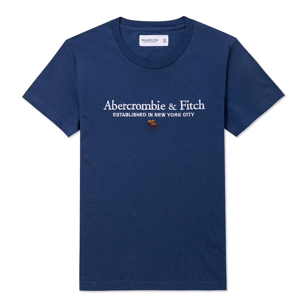A&F 麋鹿 AF 熱銷刺繡文字彩麋鹿圖案短袖T恤-深藍色
