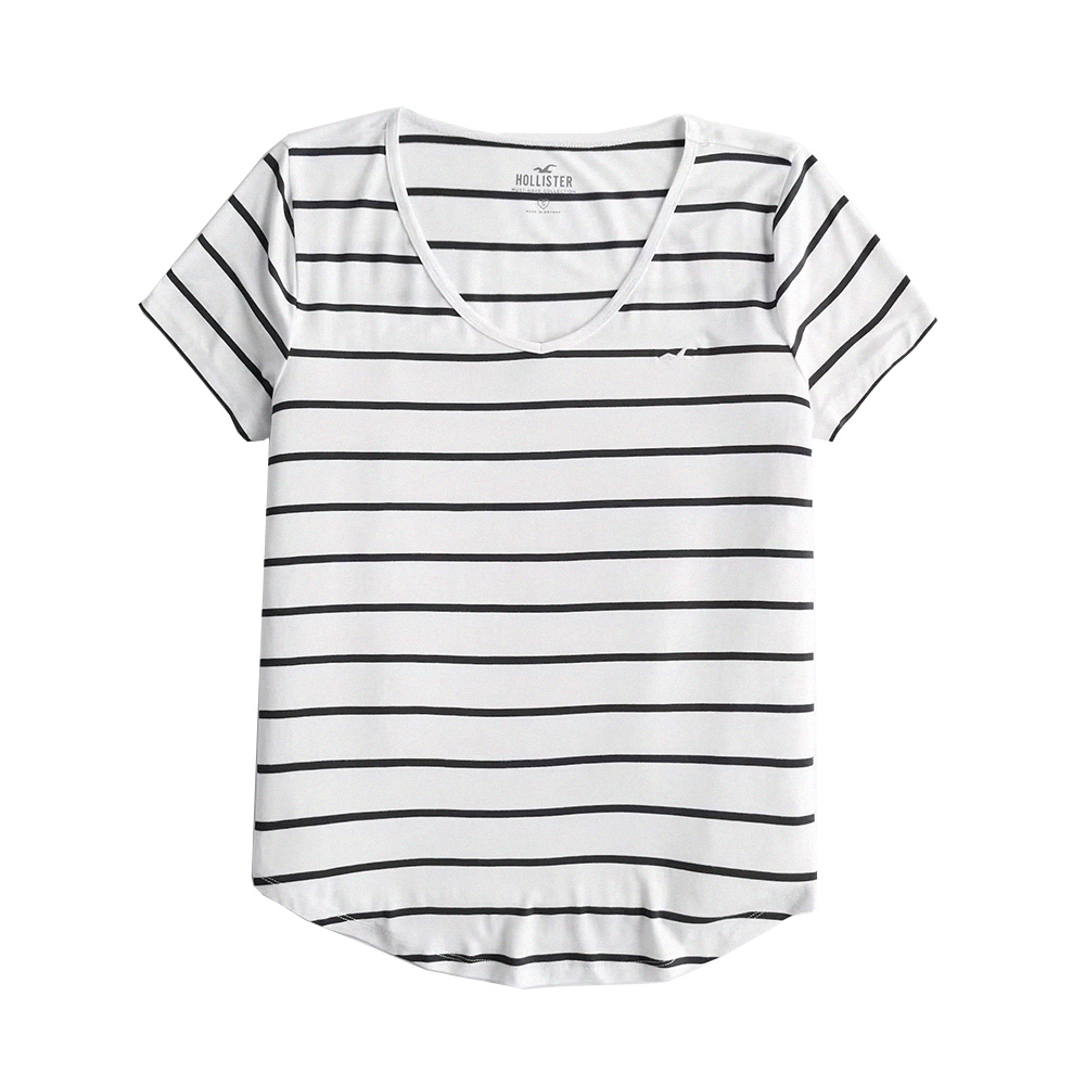 Hollister 海鷗 HCO 熱銷刺繡海鷗素面短袖T恤(女)-黑白橫條紋色