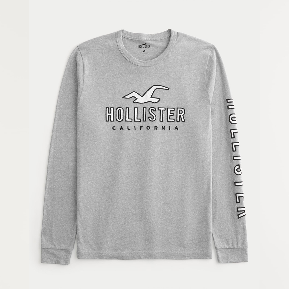 Hollister 海鷗 HCO 熱銷刺繡大海鷗文字圖案長袖T恤-淺灰色