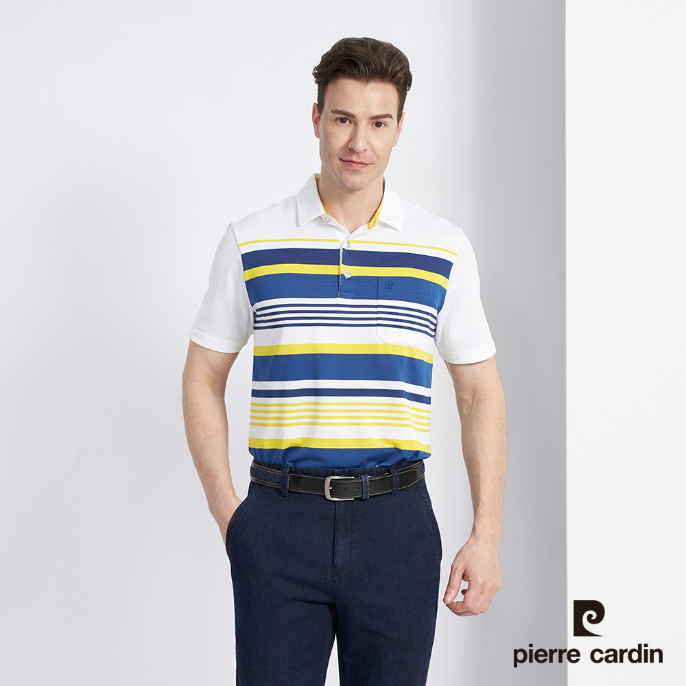 【pierre cardin 皮爾卡登】 男款 吸濕排汗網眼橫條定位短袖POLO衫-藍色 (5227202-37)