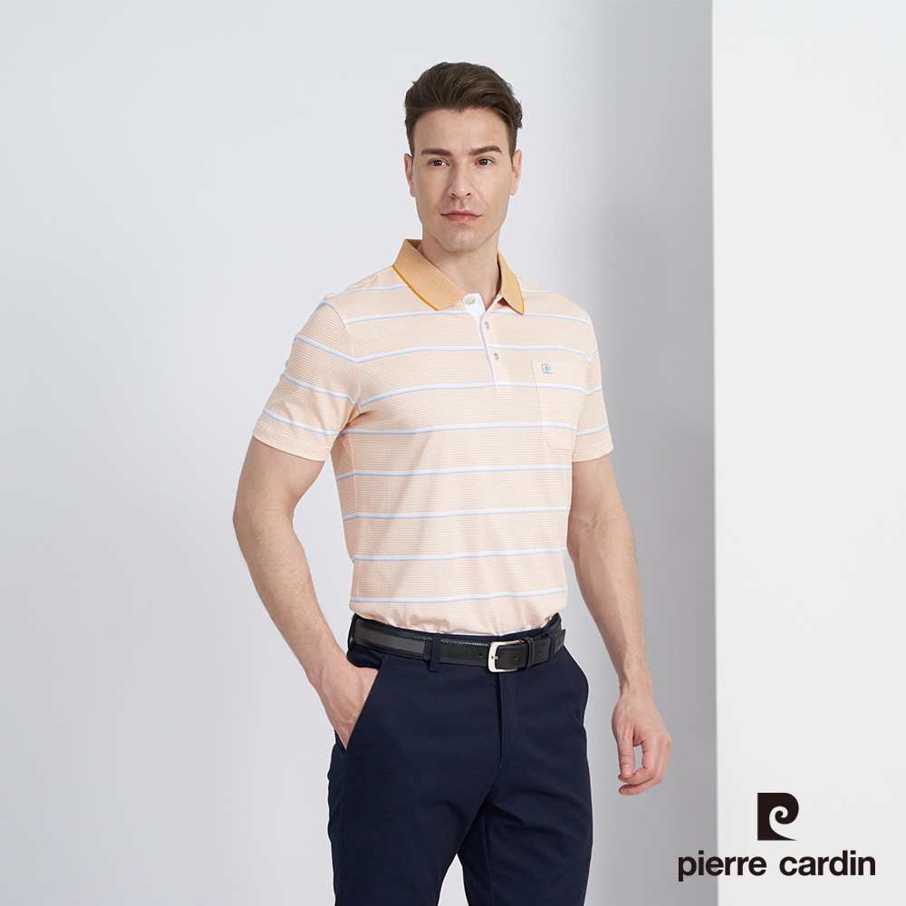 【pierre cardin 皮爾卡登】男款 棉質混紡條紋印花短袖POLO衫-粉桔色 (5227253-65)