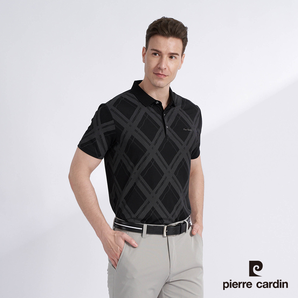 【pierre cardin 皮爾卡登】男款 棉質混紡菱格印花短袖POLO衫-黑色 (5227266-99)