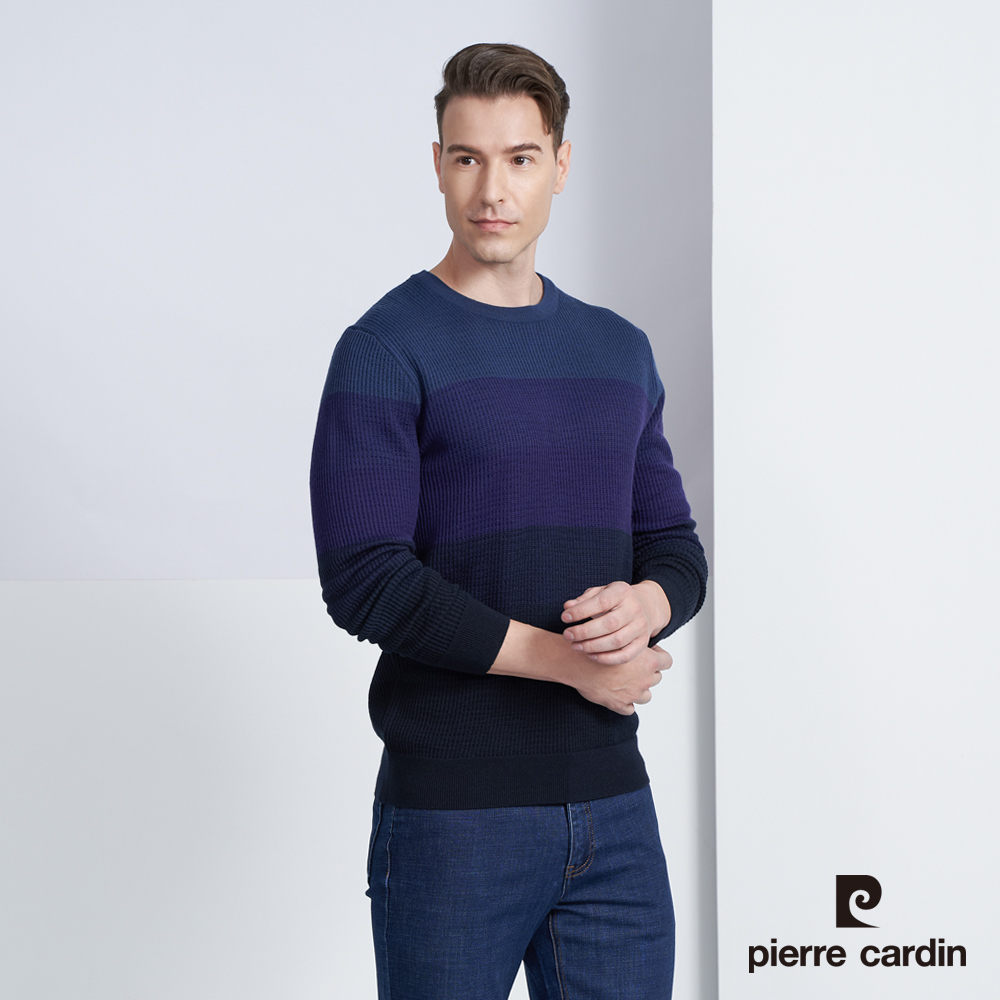 【pierre cardin 皮爾卡登】男款 混紡羊毛圓領條紋針織毛衣-藍色(5225472-38)