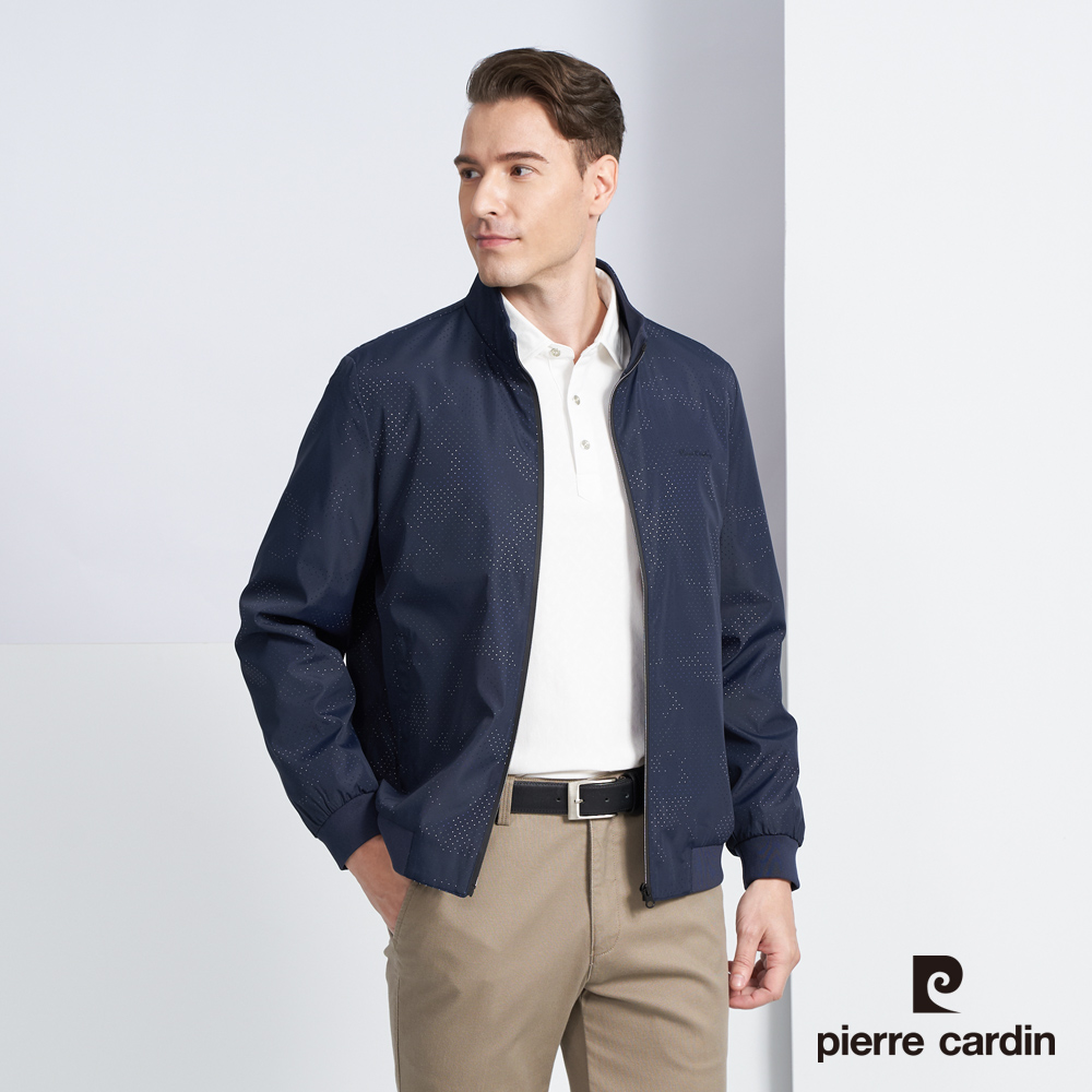 【pierre cardin 皮爾卡登】男款 休閒立領洞洞印花保暖鋪棉外套-深藍色(5225763-38)