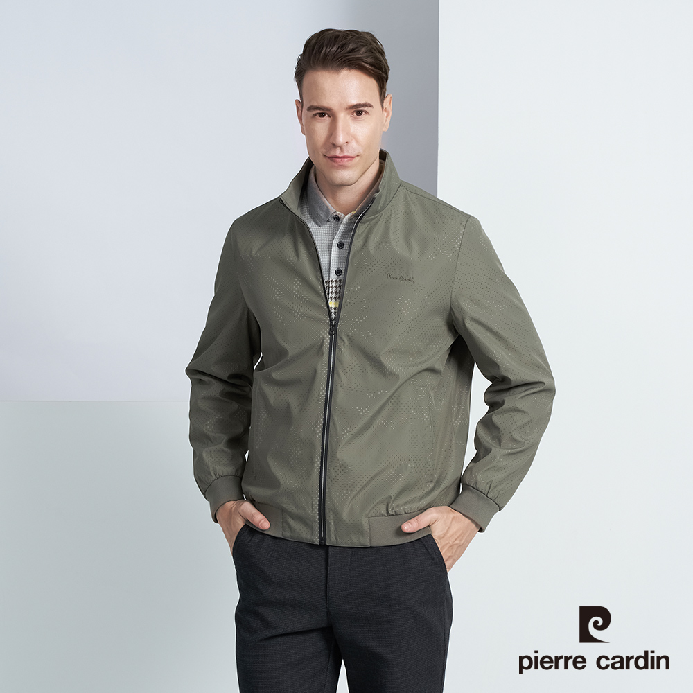 【pierre cardin 皮爾卡登】男款 休閒立領洞洞印花保暖鋪棉外套-綠色(5225763-47)