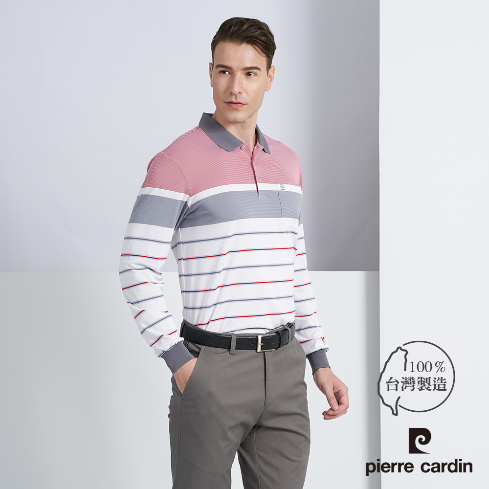 【pierre cardin 皮爾卡登】男款 吸濕排汗微彈性定位條紋長袖POLO衫-紅色 (5225250-78)