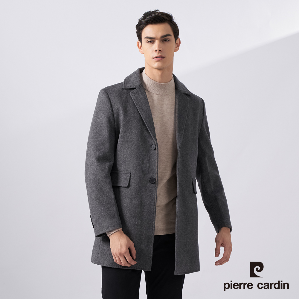 【pierre cardin 皮爾卡登】男款 商務休閒翻領羊毛尼羽絨大衣外套-灰色 (7225732-95)