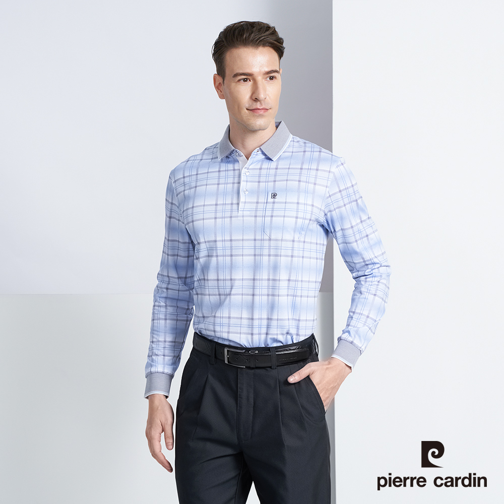 【pierre cardin 皮爾卡登】男款 棉質混紡格紋印花薄長袖POLO衫-藍色 (5225256-35)
