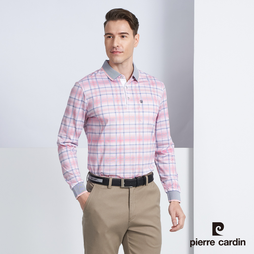【pierre cardin 皮爾卡登】男款 棉質混紡格紋印花薄長袖POLO衫-粉色 (5225256-75)