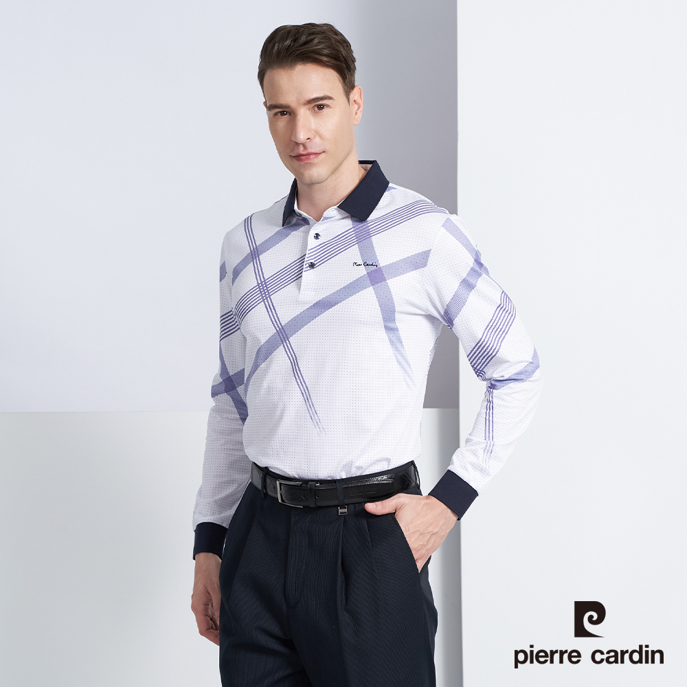 【pierre cardin 皮爾卡登】男款 棉質混紡大定位斜格紋印花薄長袖POLO衫-丈青色 (5225259-38)