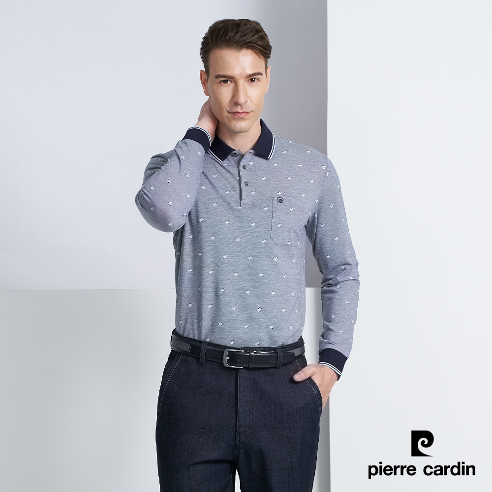 【pierre cardin 皮爾卡登】男款 棉質混紡花朵印花薄長袖POLO衫-深藍色 (5225260-38)