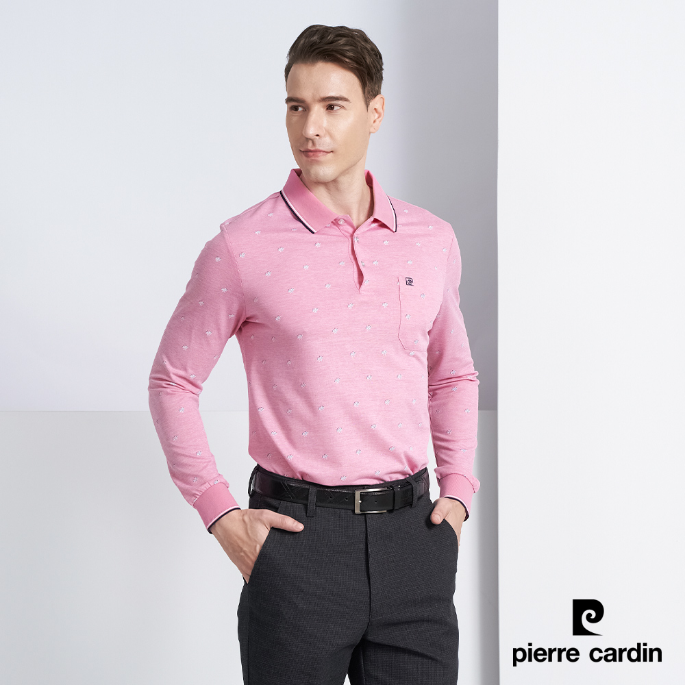 【pierre cardin 皮爾卡登】男款 棉質混紡花朵印花薄長袖POLO衫-粉色 (5225260-75)