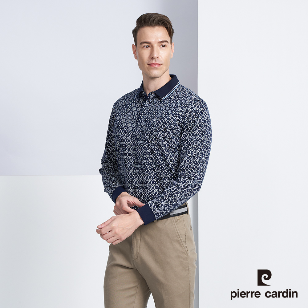 【pierre cardin 皮爾卡登】男款 棉質混紡方塊印花薄長袖POLO衫-丈青色 (5225261-38)