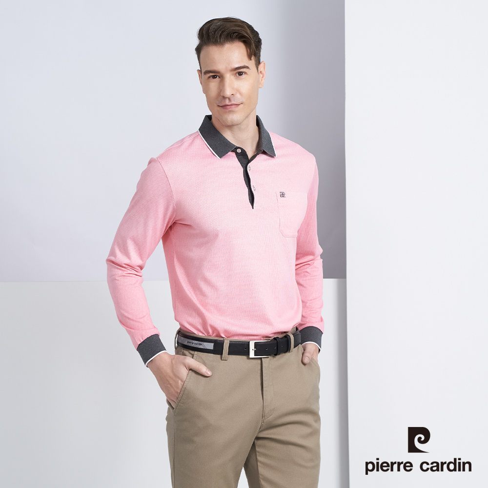 【pierre cardin 皮爾卡登】男款 棉質混紡素面印花薄長袖POLO衫-粉桔色 (5225263-65)