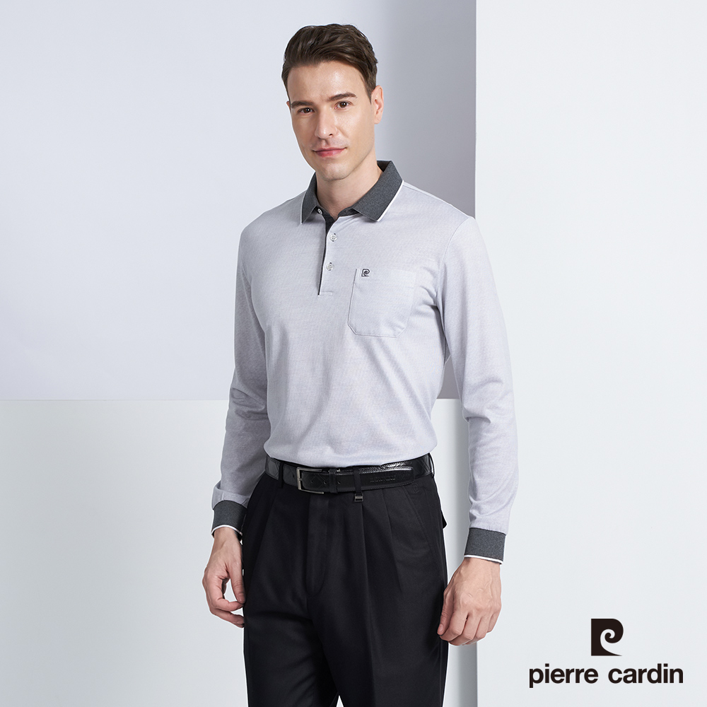 【pierre cardin 皮爾卡登】男款 棉質混紡素面印花薄長袖POLO衫-淺灰色 (5225263-95)