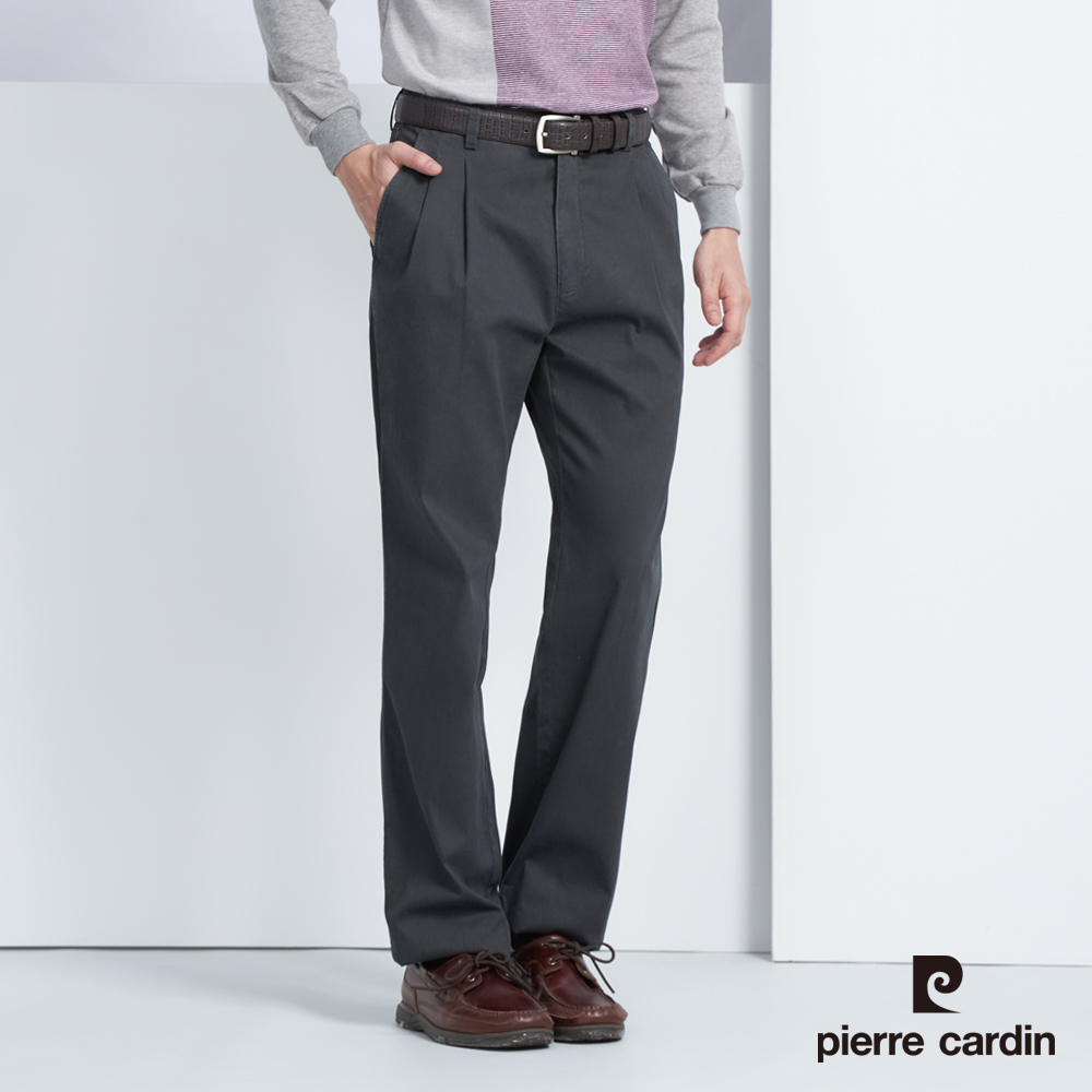 【pierre cardin 皮爾卡登】男款 彈性打摺休閒長褲-灰色(5225875-96)