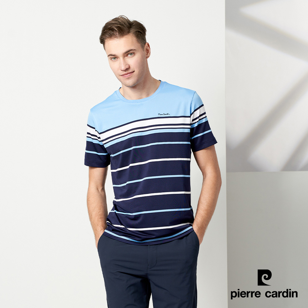 【pierre cardin 皮爾卡登】男款 TOP單面橫條修身圓領T恤-丈青色 (5237280-38)
