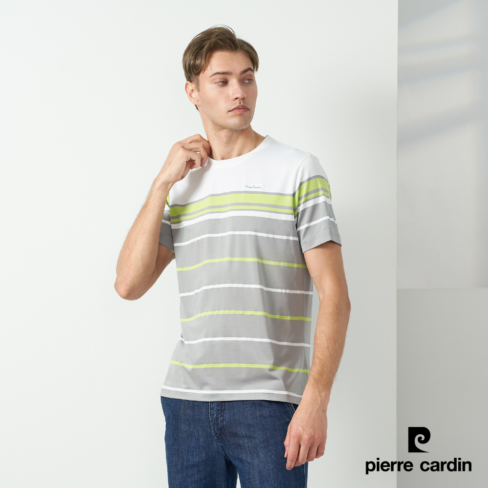 【pierre cardin 皮爾卡登】男款 TOP單面橫條修身圓領T恤-灰色 (5237280-95)