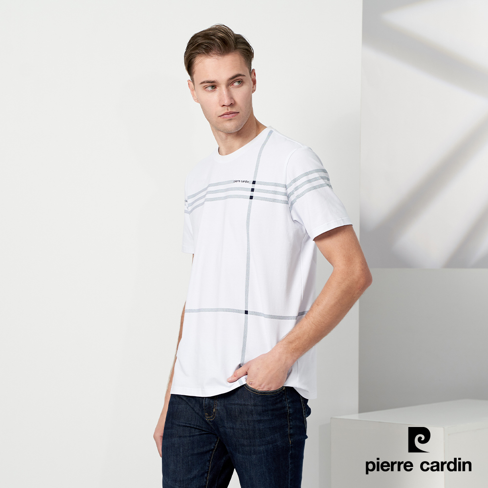 【pierre cardin 皮爾卡登】男款 大定位格子印花圓領T恤-白色 (5237281-90)