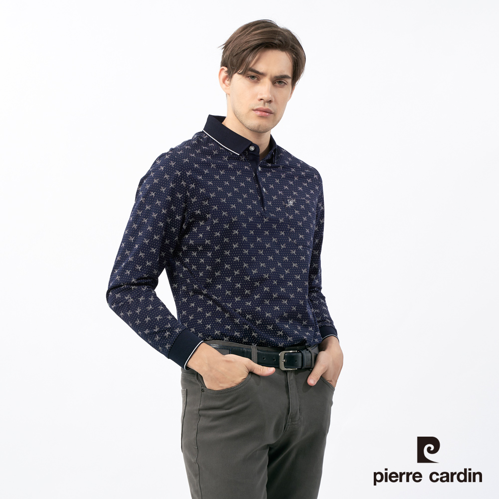 【pierre cardin皮爾卡登】男裝 純棉印花長袖POLO衫-丈青色 (5235209-38)