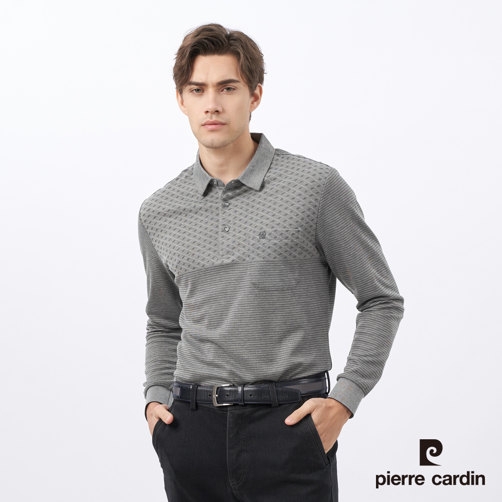 【pierre cardin皮爾卡登】男裝 雙色交織定位印花長袖POLO衫-灰色 (5235259-98)