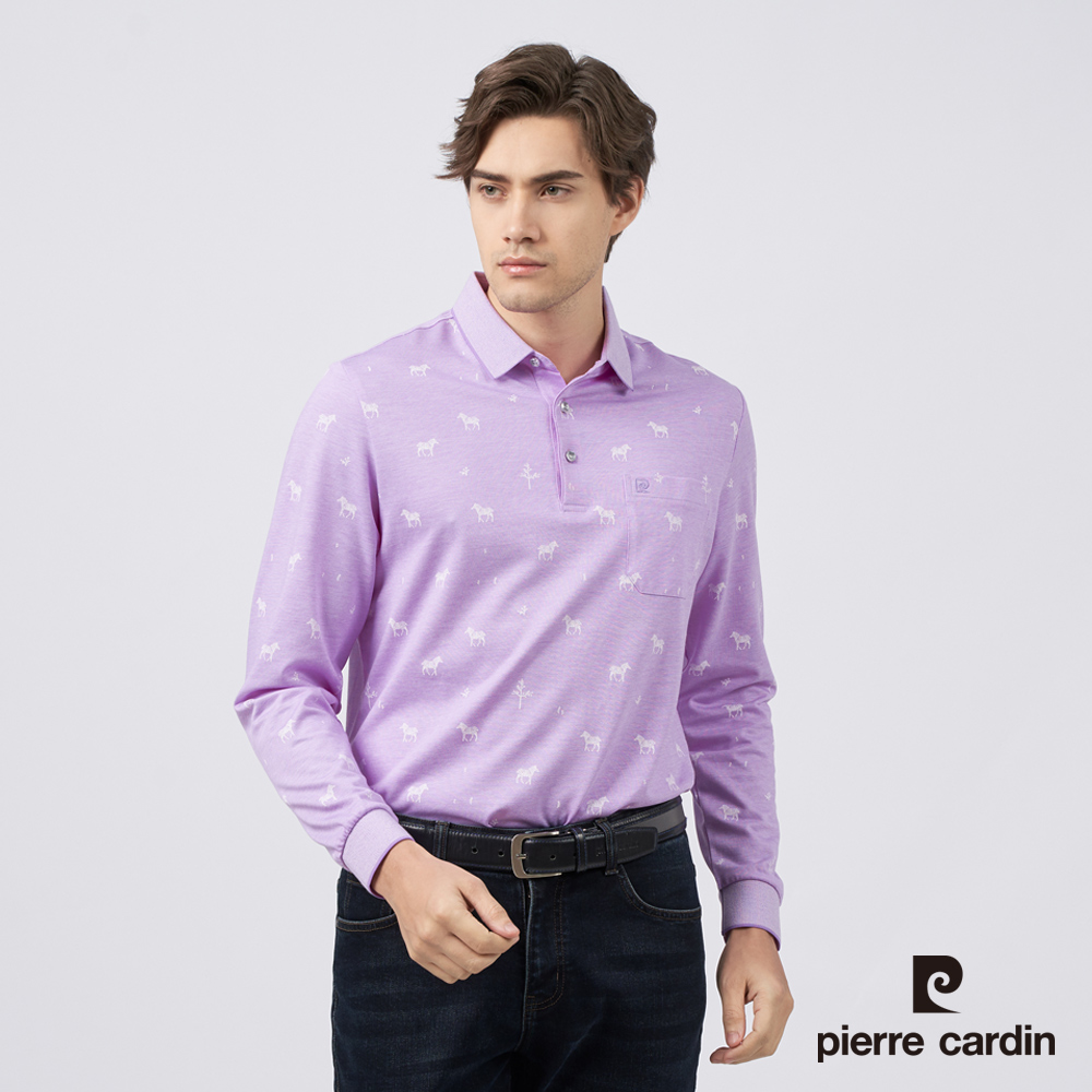 【pierre cardin皮爾卡登】男裝 雙色斑馬印花長袖POLO衫-紫色 (5235267-26)