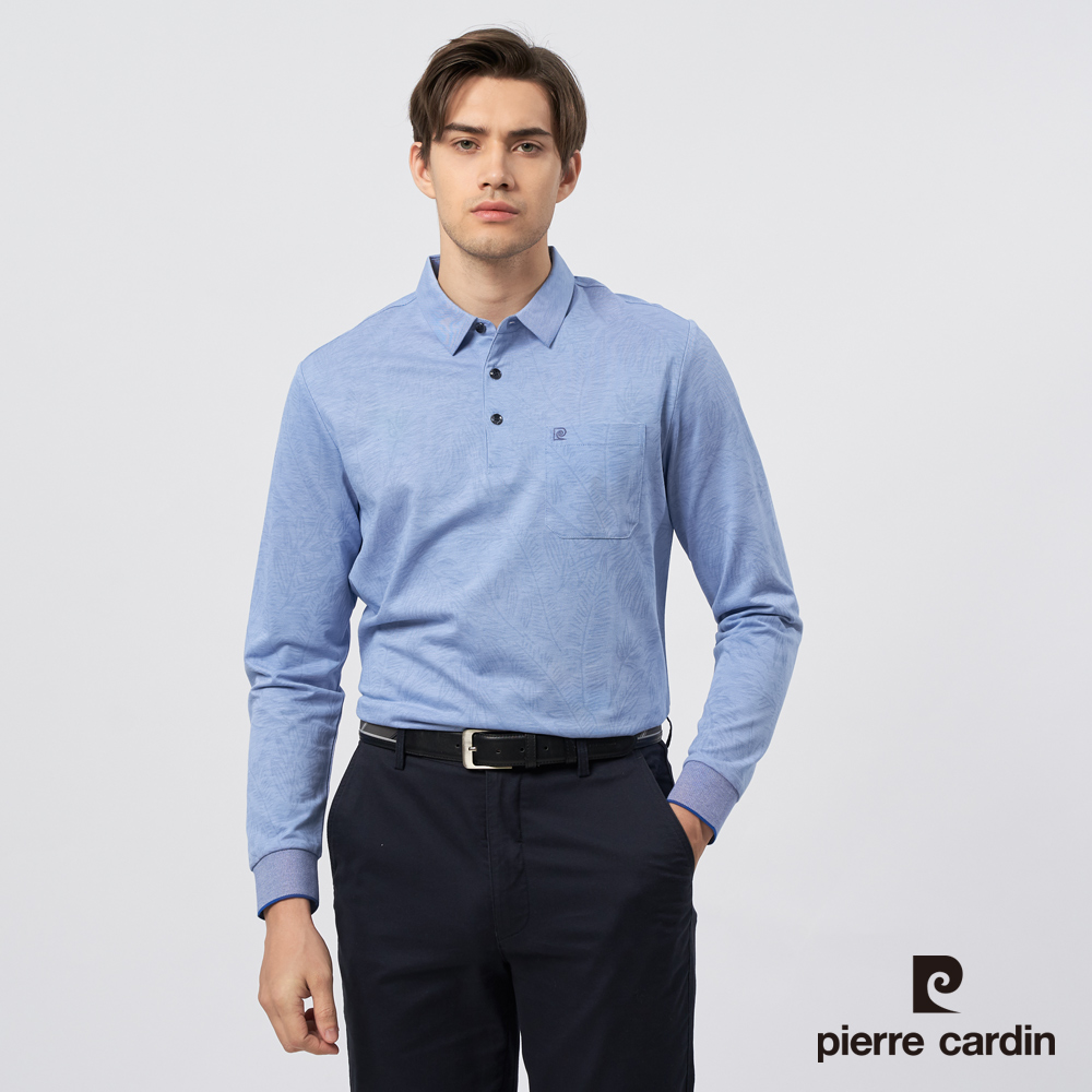 【pierre cardin皮爾卡登】男裝 雙色PK葉片印花長袖POLO衫-淺藍色 (5235290-35)