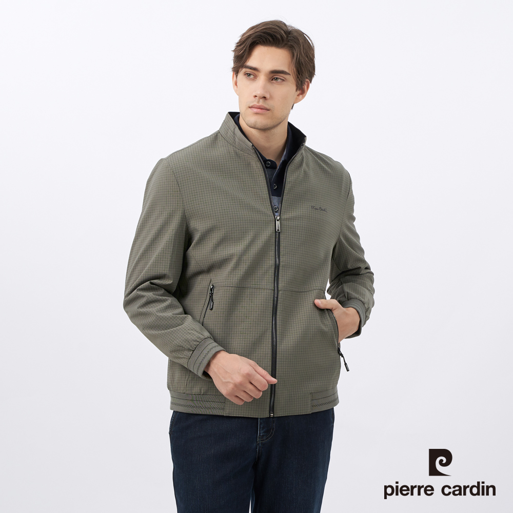 【pierre cardin皮爾卡登】男裝 都會休閒格紋立領鋪棉夾克外套-橄欖綠 (5235751-45)