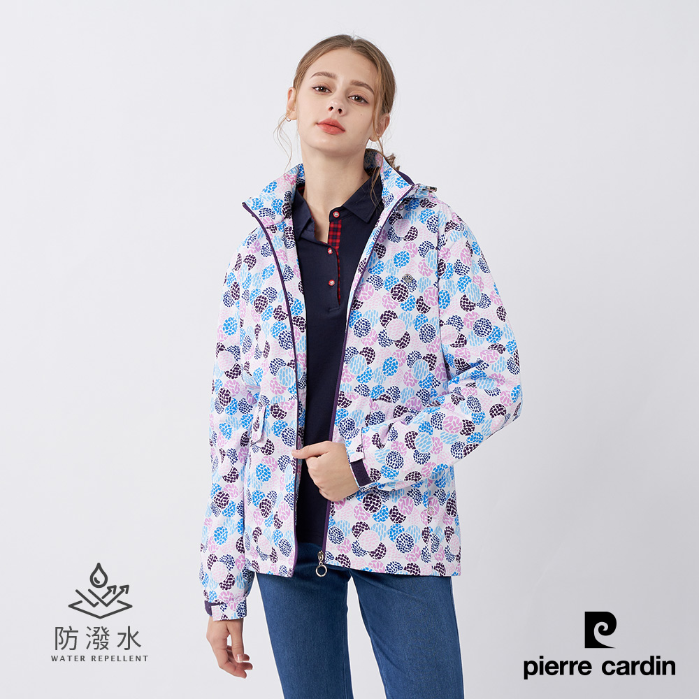 【pierre cardin皮爾卡登】女裝 戶外防風防潑水可拆帽北歐風印花外套-紫色 (6235791-28)