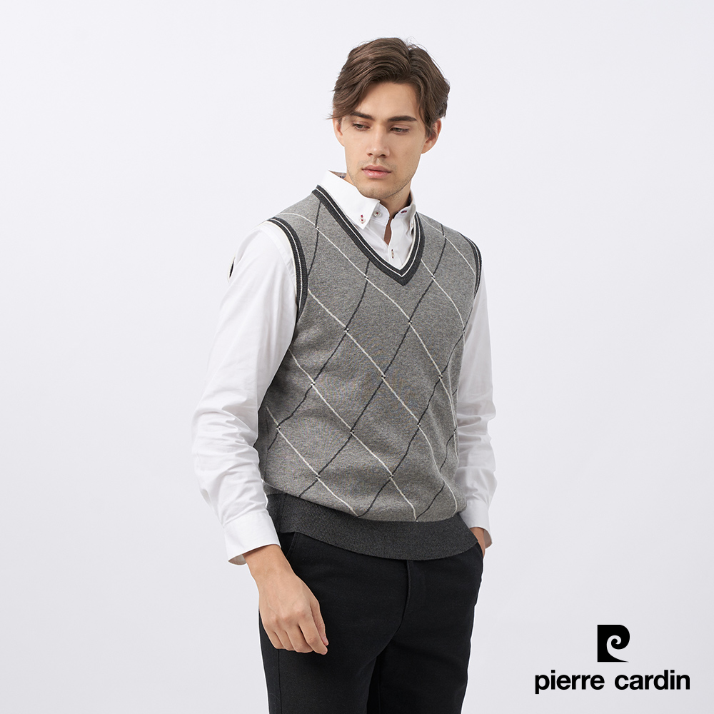 【pierre cardin皮爾卡登】男款 混紡羊毛V領菱格緹花毛衣背心-麻灰色 (5235461-95)