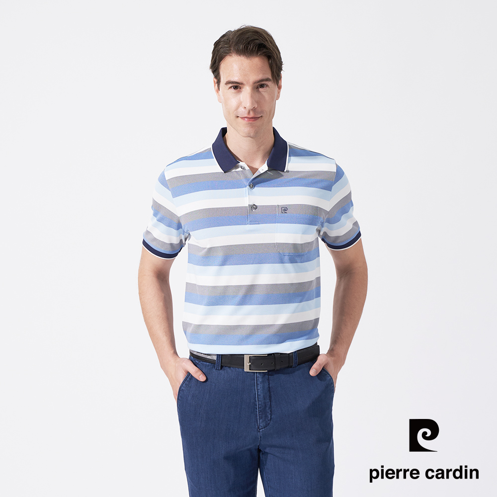 【pierre cardin 皮爾卡登】男款 吸濕排汗橫條短袖polo衫-藍色 (5247202-35)