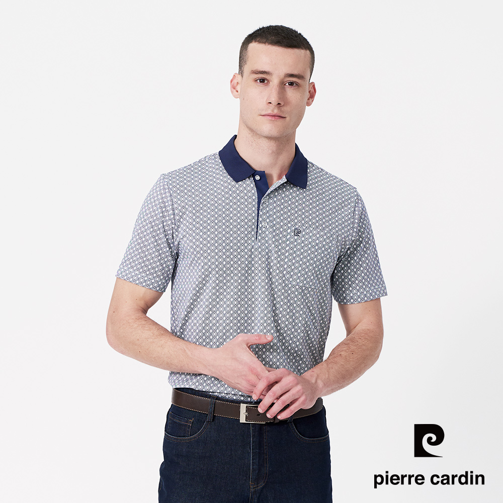 【pierre cardin 皮爾卡登】男款 吸濕排汗印花短袖polo衫-深藍色 (5247205-38)