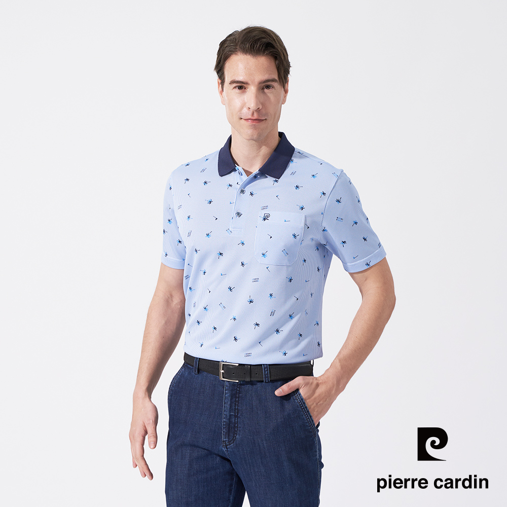 【pierre cardin 皮爾卡登】男款 吸濕排汗直條加印花短袖polo衫-水藍色 (5247206-35)