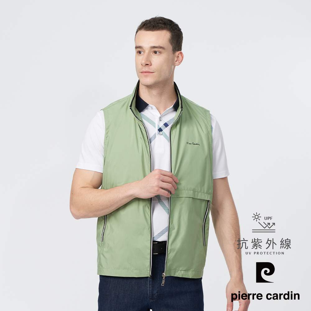 【pierre cardin 皮爾卡登】男款 都會休閒立領細格紋薄背心-嫩綠色 (5247361-45)