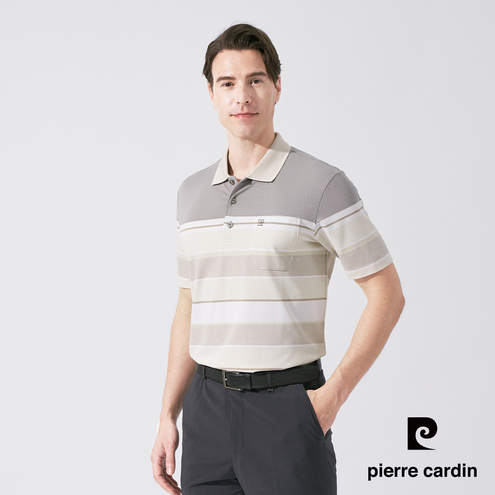 【pierre cardin 皮爾卡登】男款 吸濕排汗微彈性TOP定位橫條短袖POLO衫-淺咖啡色 (5247292-85)