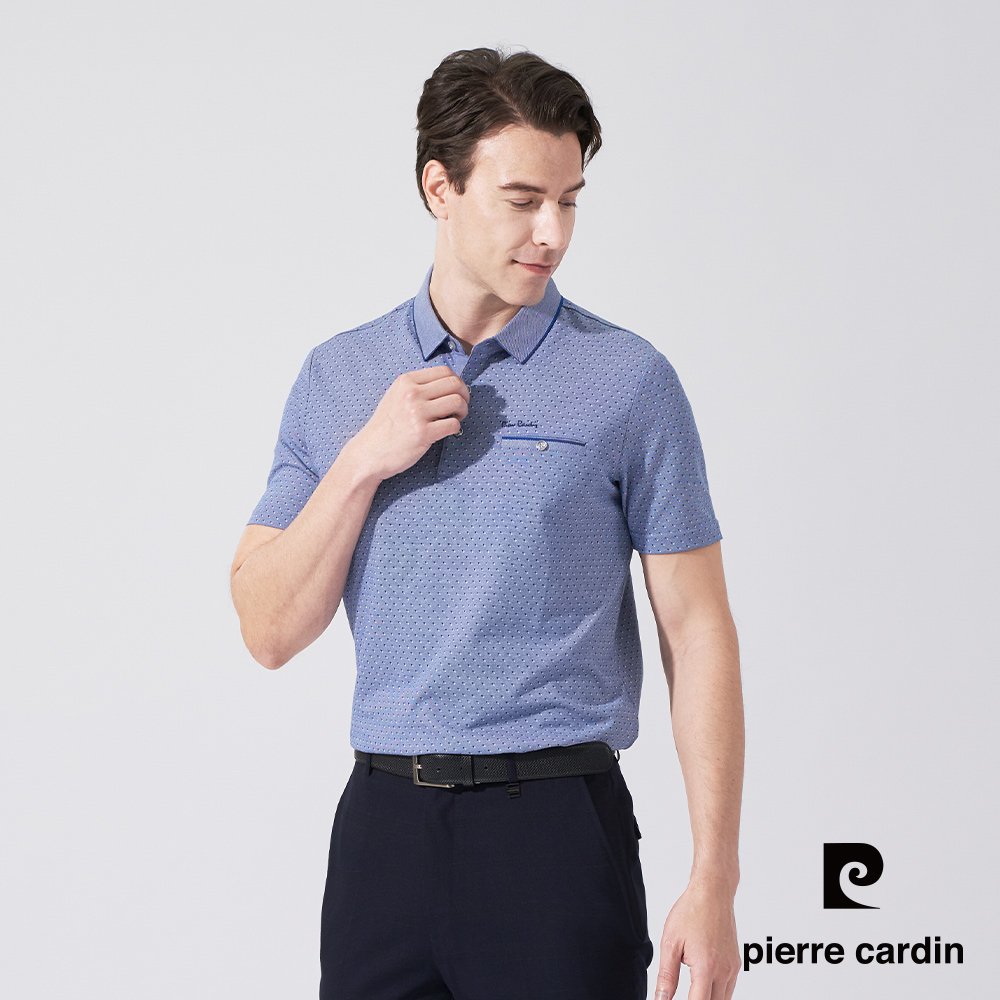 【pierre cardin 皮爾卡登】男款 網眼小三角印花短袖POLO衫-藍色 (5247258-35)
